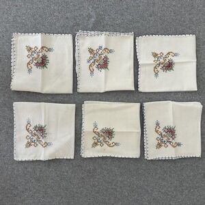 Vintage Embroidered Linen Napkins Set Floral Cross Stitch Trim 12" Square 6